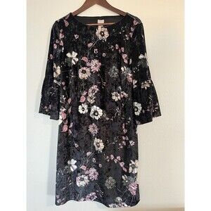 Chicos Women’s 1 Medium M‎ Floral Velvet 3/4 Sleeve Knee Length Black Pink Dress